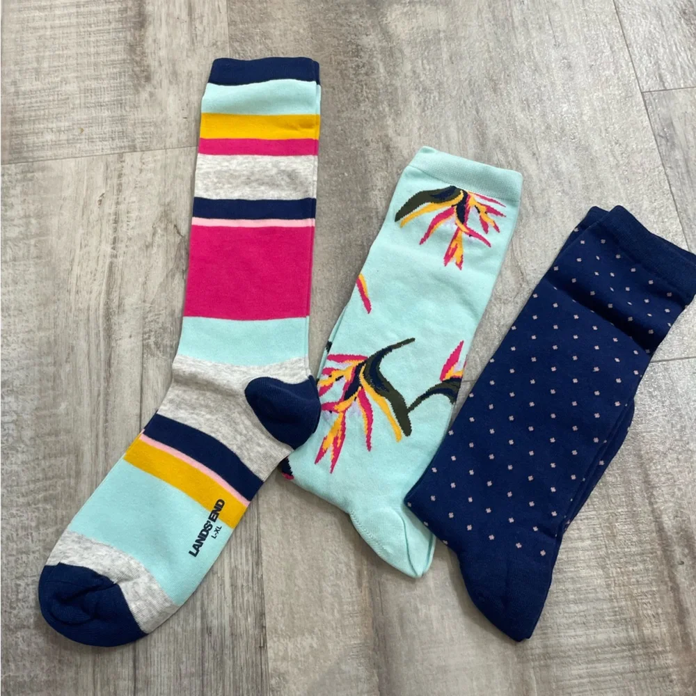 Lands' End 3 Pairs Crew Socks Birds of Paradise L-XL